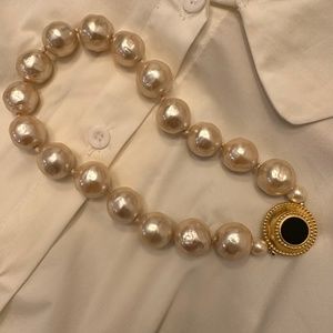 Vintage Karl Lagerfeld Glass Pearl Choker Necklace with Black Gold Finish Clasp